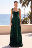 Corsetto di velluto verde scuro pieghe con spillature spesse abito formale lungo a linea a A