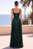 Corsetto di velluto verde scuro pieghe con spillature spesse abito formale lungo a linea a A