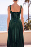 Corsetto di velluto verde scuro pieghe con spillature spesse abito formale lungo a linea a A