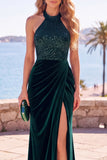 Velluto Borgogna Paillettes scollo a capezza guaina arricciata abito formale lungo con fessura