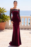 Bordeaux con pizzo scoperto velluto a maniche lunghe sirena vestito elegante lungo