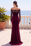 Bordeaux con pizzo scoperto velluto a maniche lunghe sirena vestito elegante lungo