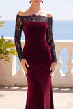 Bordeaux con pizzo scoperto velluto a maniche lunghe sirena vestito elegante lungo
