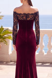Bordeaux con pizzo scoperto velluto a maniche lunghe sirena vestito elegante lungo