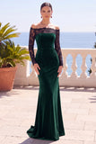 Bordeaux con pizzo scoperto velluto a maniche lunghe sirena vestito elegante lungo