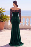 Bordeaux con pizzo scoperto velluto a maniche lunghe sirena vestito elegante lungo