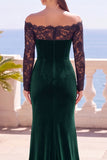 Bordeaux con pizzo scoperto velluto a maniche lunghe sirena vestito elegante lungo