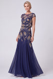 Abito Mother Of The Bride A-Line Lung con perline blu navy