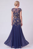 Abito Mother Of The Bride A-Line Lung con perline blu navy