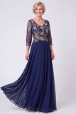 Abito Madre della Sposa lungo a maniche a mano con scollo a V con perline blu navy