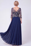 Abito Madre della Sposa lungo a maniche a mano con scollo a V con perline blu navy