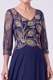 Abito Madre della Sposa lungo a maniche a mano con scollo a V con perline blu navy