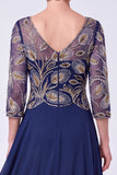Abito Madre della Sposa lungo a maniche a mano con scollo a V con perline blu navy