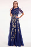 Vestito Madre della Sposa a maniche a perline blu navy a linea