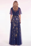 Vestito Madre della Sposa a maniche a perline blu navy a linea
