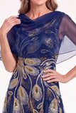 Vestito Madre della Sposa a maniche a perline blu navy a linea
