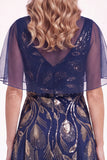 Vestito Madre della Sposa a maniche a perline blu navy a linea