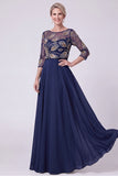 Blu Oscuro Blu Navale A-Line Illusion Bateau con scollo a perline lunga Mother Of The Bride Abito