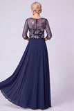 Blu Oscuro Blu Navale A-Line Illusion Bateau con scollo a perline lunga Mother Of The Bride Abito