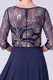 Blu Oscuro Blu Navale A-Line Illusion Bateau con scollo a perline lunga Mother Of The Bride Abito