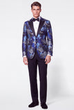 Completi da cerimonia da a 2 pezzi neri blu Jacquard Peak con bavero