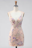 Bodycon spalline spaghetti Corsetto a paillettes con ricamo floreale Vestito corto da ritorno a casa