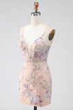 Bodycon spalline spaghetti Corsetto a paillettes con ricamo floreale Vestito corto da ritorno a casa