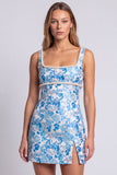 Abito Mini cocktail Bodycon con scollo quadrato in perle floreali azzurre chiaro con fessura