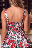 Corsetto a A-Line con scollo quadrato a scollo a scatte con fiori rossi e mini abito di ritorno a casa