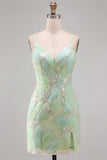 Abito corto bodycon a casa con paillettes verde menta a V corto bodycon con fessura
