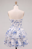 Corsetto a fiori blu Abito del ritorno a livelli con volant e corsetto a fiori blu