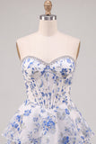 Corsetto a fiori blu Abito del ritorno a livelli con volant e corsetto a fiori blu