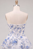 Corsetto a fiori blu Abito del ritorno a livelli con volant e corsetto a fiori blu