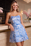 Abito blu corto senza spalline A-Line con ricamo floreale