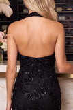 Abito corto di cocktail bodycon caster blu cielo con perline floreali