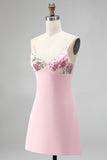 Abito corto da fine rosa a corto a scollo a V ricamato a flore Bodycon