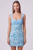 Abito corto di cocktail corto con floreale con perline e paillettes azzurro cielo con perline