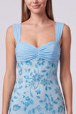 Abito corto di cocktail corto con floreale con perline e paillettes azzurro cielo con perline
