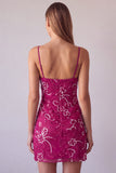 Vestito corto di cocktail con spalline fucsia con spalline a spalline floreali