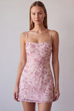 Vestito corto di cocktail con spalline fucsia con spalline a spalline floreali