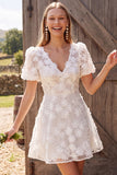 Abito corto da bridal shower corto a scolletto a V floreale appliquedato in stile A-Line