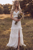 Abito da sposa lungo a due pezzi a due piani a fessura in Pizzo in avorio con volant