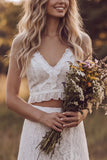 Abito da sposa lungo a due pezzi a due piani a fessura in Pizzo in avorio con volant