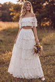 Abito da bridal shower lungo a livelli a due pezzi a due pezzi con spalle spuntate e volant