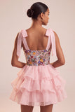 Corsetto rosa a linea A con cravatta, fiocco, vestito corto per il ritorno a casa, corto a scorrimento a scorrimenti