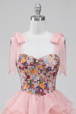 Corsetto rosa a linea A con cravatta, fiocco, vestito corto per il ritorno a casa, corto a scorrimento a scorrimenti