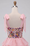 Corsetto rosa a linea A con cravatta, fiocco, vestito corto per il ritorno a casa, corto a scorrimento a scorrimenti
