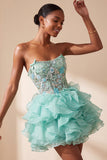 Corsetto verde menta Abito corto di homecoming a livelli senza spalline con volant e ricamo