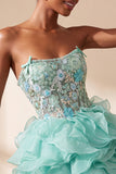 Corsetto verde menta Abito corto di homecoming a livelli senza spalline con volant e ricamo