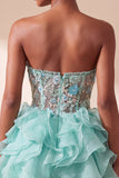 Corsetto verde menta Abito corto di homecoming a livelli senza spalline con volant e ricamo